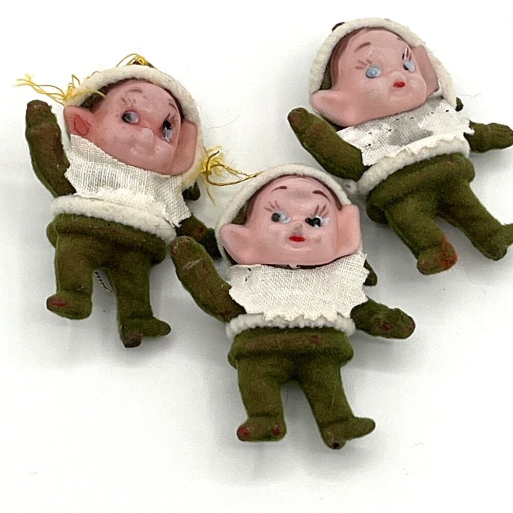 Vintage Flocked Plastic Blow Mold Christmas Ornament Green Elf 50/60s Santa